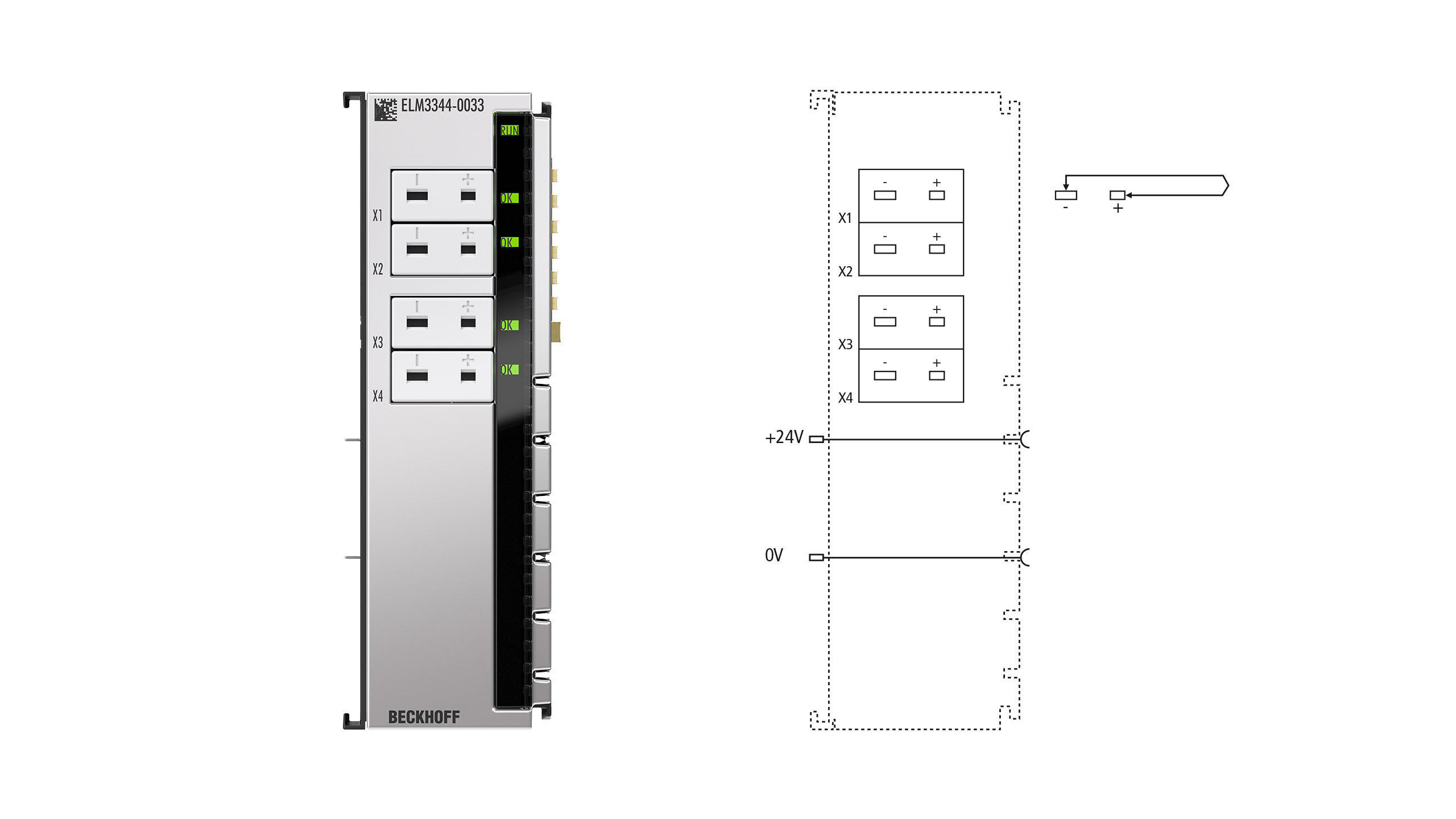 ELM3344-0033 | EtherCAT Terminal, 4-channel analog input, temperature, thermocouple, 24 bit, high-precision, 1 ksps, Mini-TC universal, externally calibrated