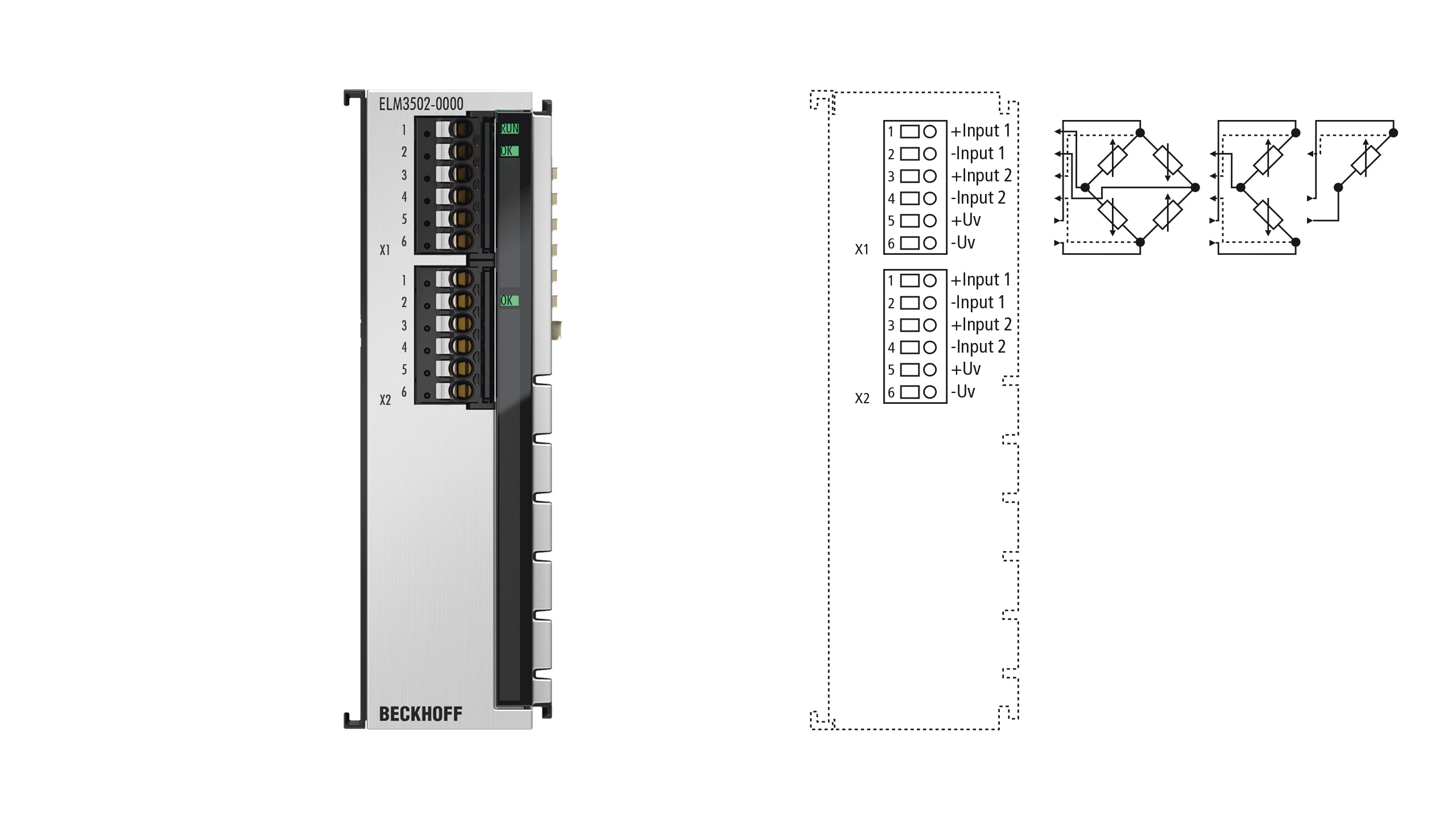 ELM3502-0000 | EtherCAT 端子模块，2 通道模拟量输入，测量电桥，全桥/半桥/四分之一桥，24 位，20 ksps