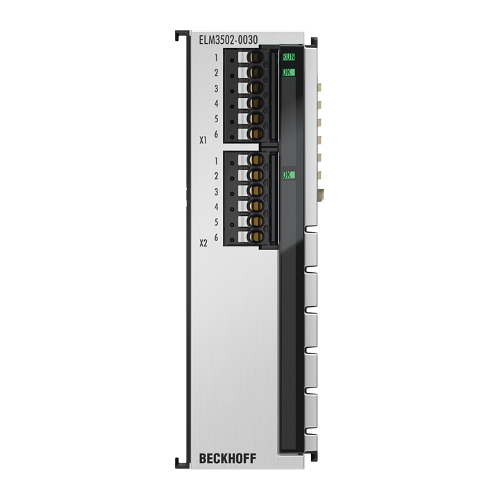 ELM3502-0030 | EtherCAT Terminal, 2-channel analog input, measuring bridge, full/half/quarter bridge, 24 bit, 20 ksps, externally calibrated