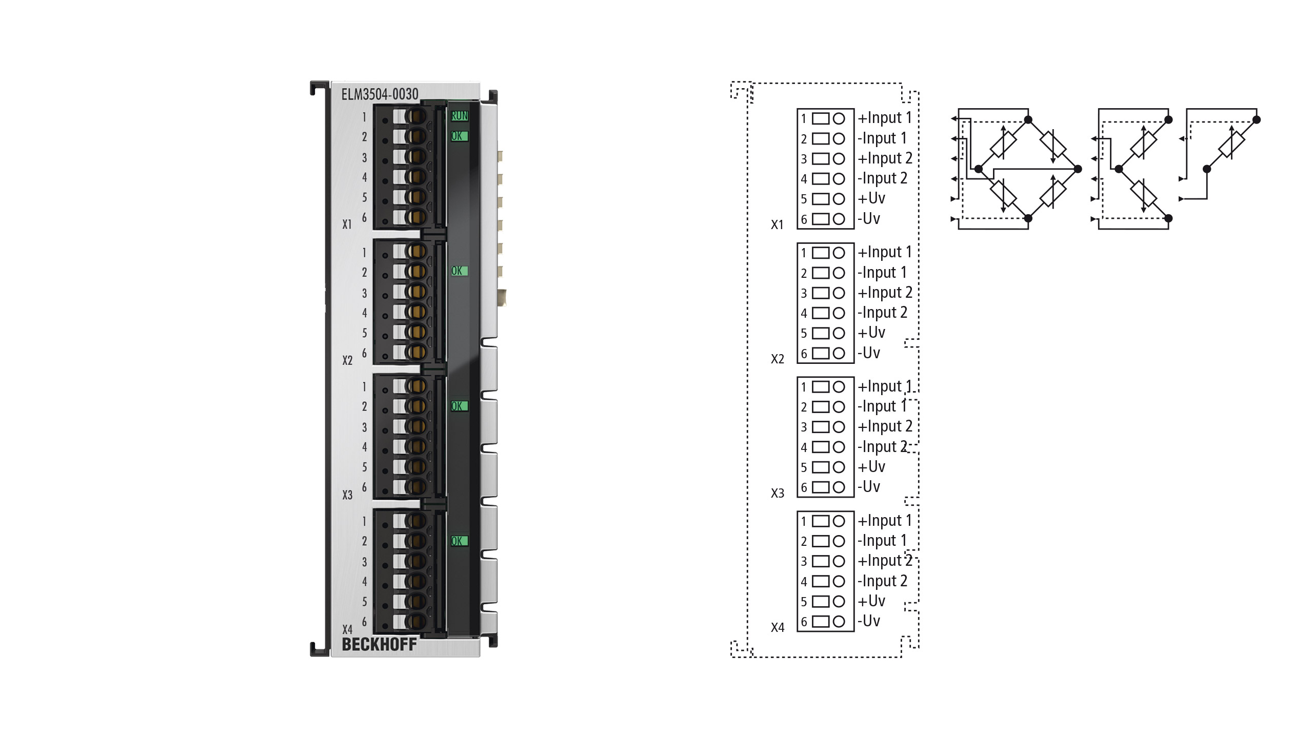 ELM3504-0030 | EtherCAT-Klemme, 4-Kanal-Analog-Eingang, Messbrücke, Voll-/Halb-/Viertelbrücke, 24 Bit, 10 kSps, extern kalibriert