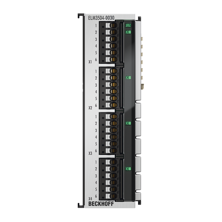 ELM3504-0030 | EtherCAT Terminal, 4-channel analog input, measuring bridge, full/half/quarter bridge, 24 bit, 10 ksps, externally calibrated