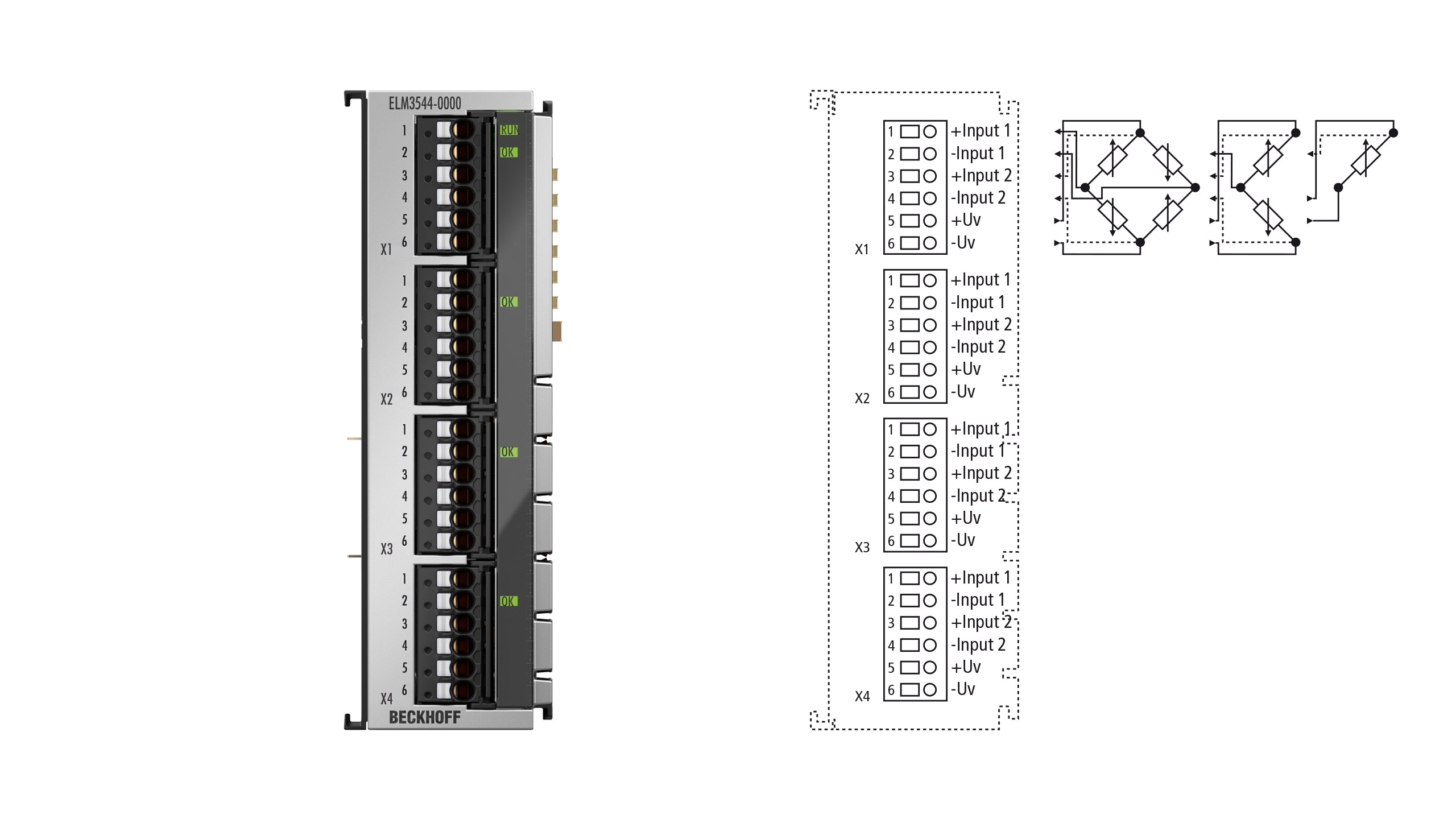 ELM3544-0000 | EtherCAT 端子模块，4 通道模拟量输入，测量电桥，全桥/半桥/四分之一桥，24 位，1 ksps