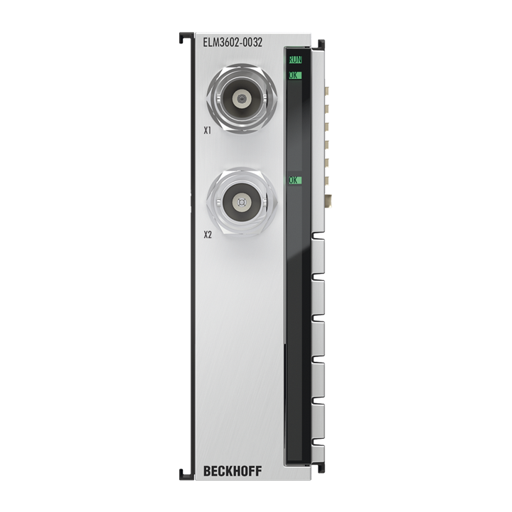 ELM3602-0032 | EtherCAT Terminal, 2-channel analog input, IEPE/accelerometer, 24 bit, 50 ksps, BNC, externally calibrated