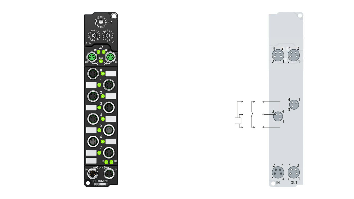 EP1008-0701 | EtherCAT Box, 8-channel digital input, ID switch, 24 V DC, 3 ms, M8