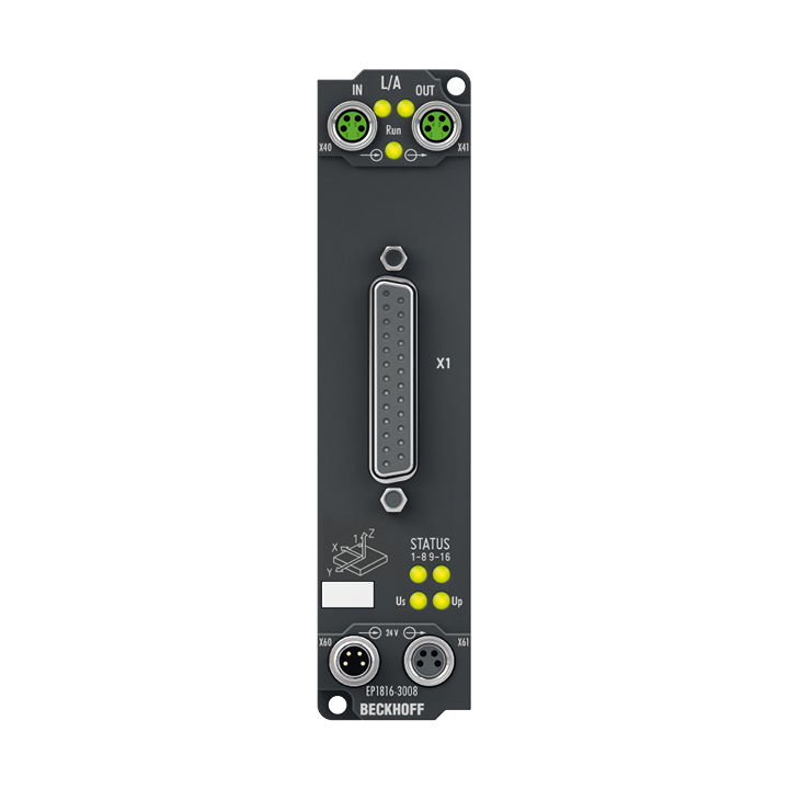 EP1816-3008 | EtherCAT Box, 16-channel digital input, 24 V DC, 10 µs, D-sub, 2 x 3-axis accelerometers