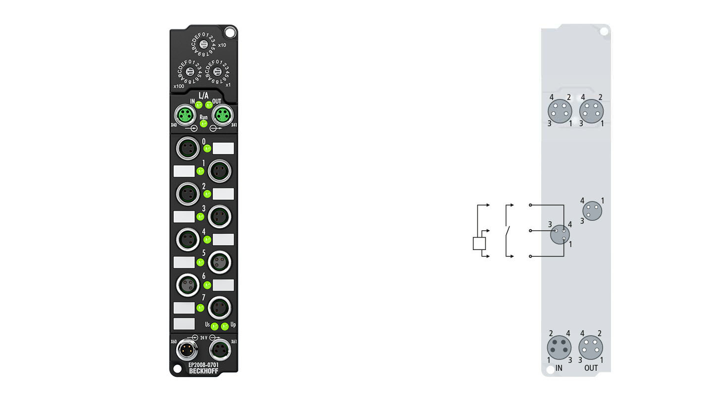 EP2008-0701 | EtherCAT Box, 8-channel digital output, ID switch, 24 V DC, 0.5 A, M8