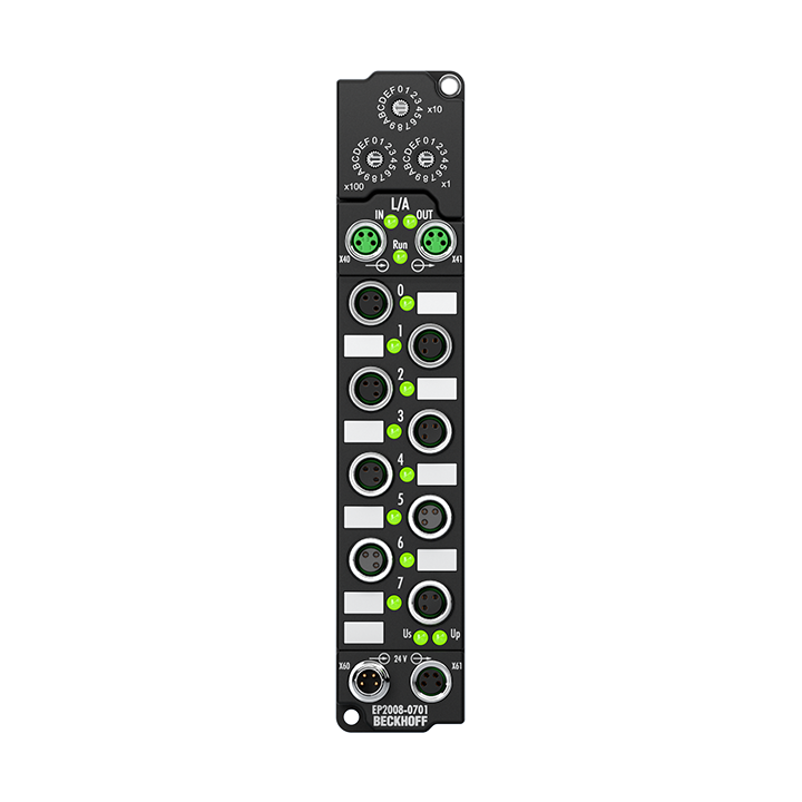 EP2008-0701 | EtherCAT Box, 8-channel digital output, ID switch, 24 V DC, 0.5 A, M8