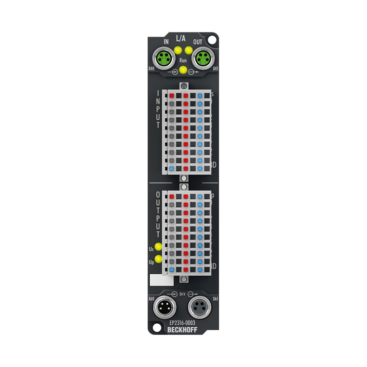 EP2316-0003 | EtherCAT Box, 8-channel digital input + 8-channel digital output, 24 V DC, 10 µs, 0.5 A, IP20 connector