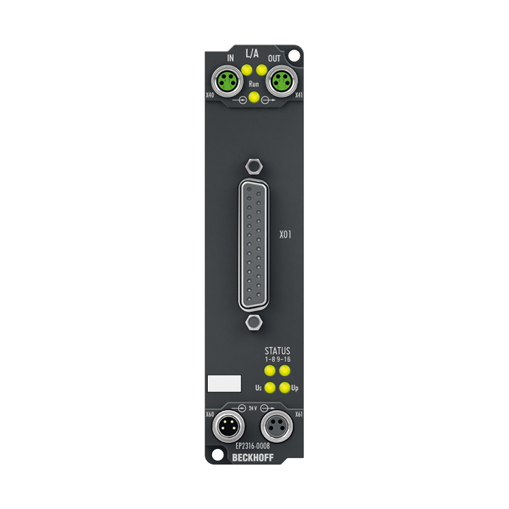 EP2316-0008 | EtherCAT Box, 8-channel digital input + 8-channel digital output, 24 V DC, 10 µs, 0.5 A, D-sub