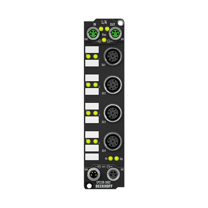 EP2338-3002 | EtherCAT Box, 8-channel digital combi, 24 V DC, 10 µs, 0.5 A, M12, with ⏚