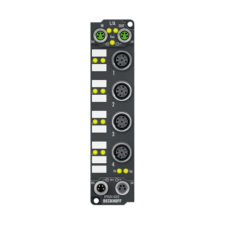 EP2624-0002 | EtherCAT Box, 4-Kanal-Relais-Ausgang, 25 V AC, 30 V DC, 0,5 A AC, 2 A DC, M12