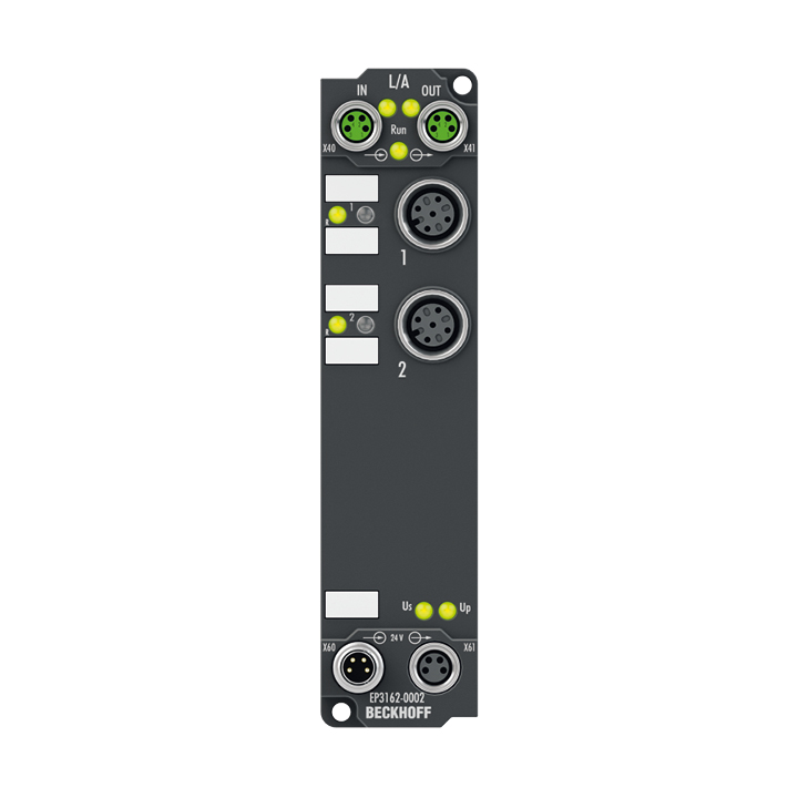 EP3162-0002 | EtherCAT Box, 2-Kanal-Analog-Eingang, Multifunktion, ±10 V, ±20 mA, 16 Bit, single-ended, galvanisch getrennt, M12