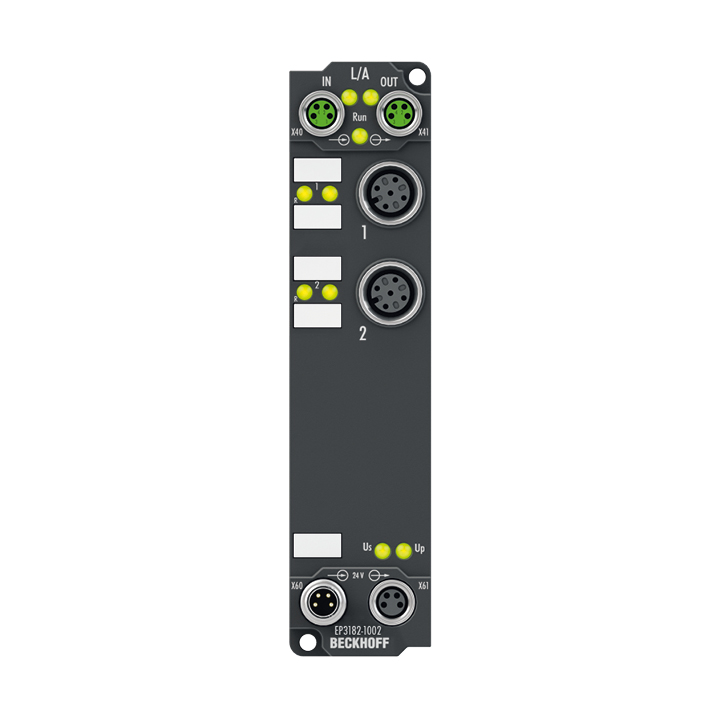 EP3182-1002 | EtherCAT Box, 2-channel analog input + 2-channel digital output, multi-function, ±10 V, 0/4…20 mA, 16 bit, single-ended, M12