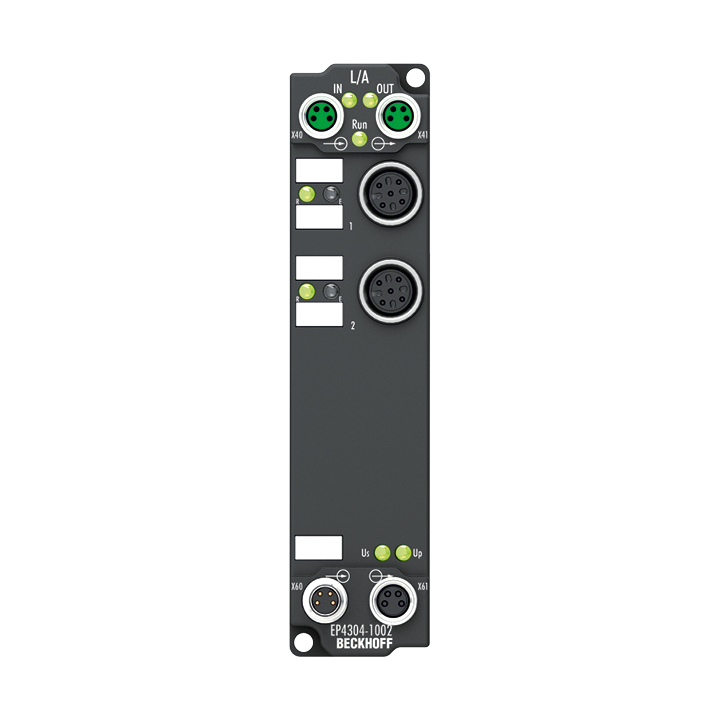 EP4304-1002 | EtherCAT Box, 2-Kanal-Analog-Eingang + 2-Kanal-Analog-Ausgang, Spannung, ±10 V, 16 Bit, single-ended, M12, 2 x Digital-Eingang 24 V DC
