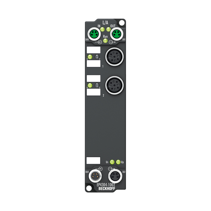 EP4304-1002 | EtherCAT Box, 2-channel analog input + 2-channel analog output, voltage, ±10 V, 16 bit, single-ended, M12, 2 x digital input 24 V DC