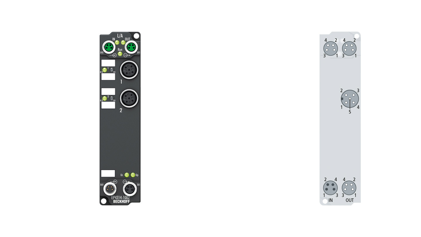 EP4314-1002 | EtherCAT Box, 2-Kanal-Analog-Eingang + 2-Kanal-Analog-Ausgang, Multifunktion, ±20 mA, 16 Bit, single-ended, M12