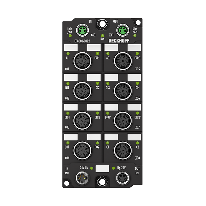 EP8601-0022 | EtherCAT Box, 12-Kanal-Multi-Interface, 8 x DI, 1 x CNT, 4 x DO, 2 x PWM, 1 x AI, 1 x AO, 1 x ENC AB