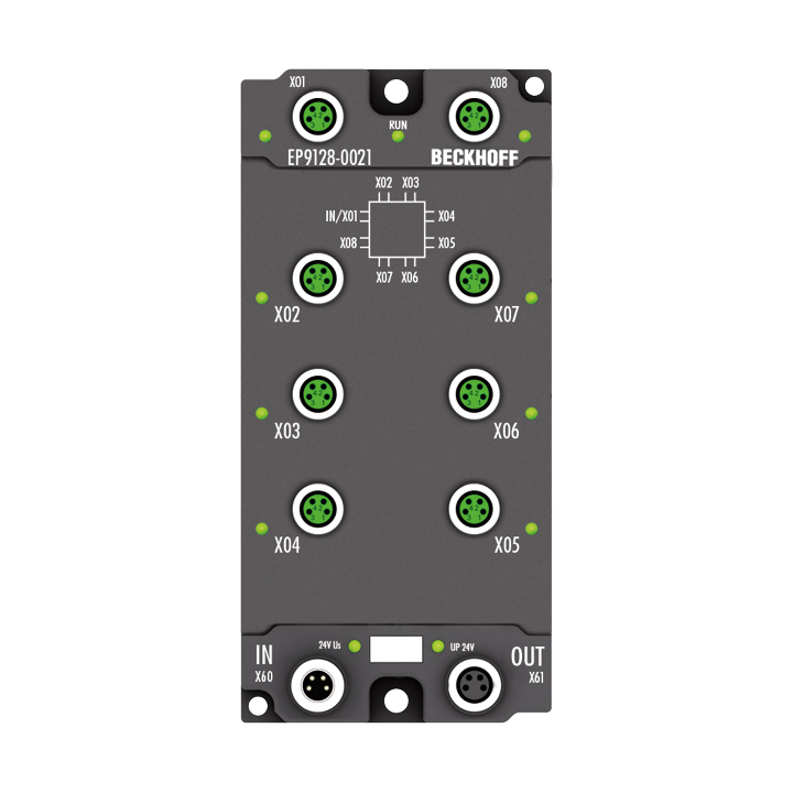 EP9128-0021 | EtherCAT Box, 8-Port-Abzweig, EtherCAT, 100 MBit/s, 24 V DC, M8