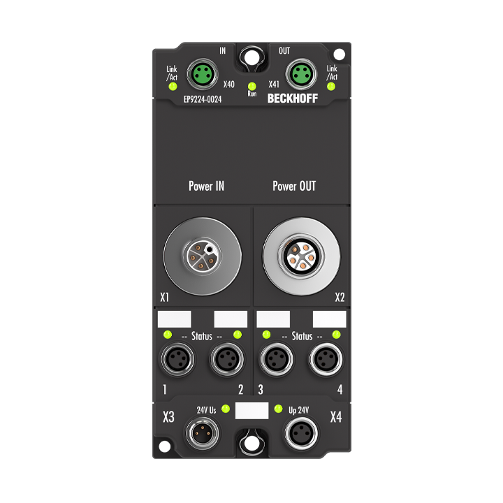 EP9224-0024 | EtherCAT Box, 4/4-Kanal-Powerverteilung, für EtherCAT-Box-Module, mit Strommessung/Datalogging, M12, L-kodiert