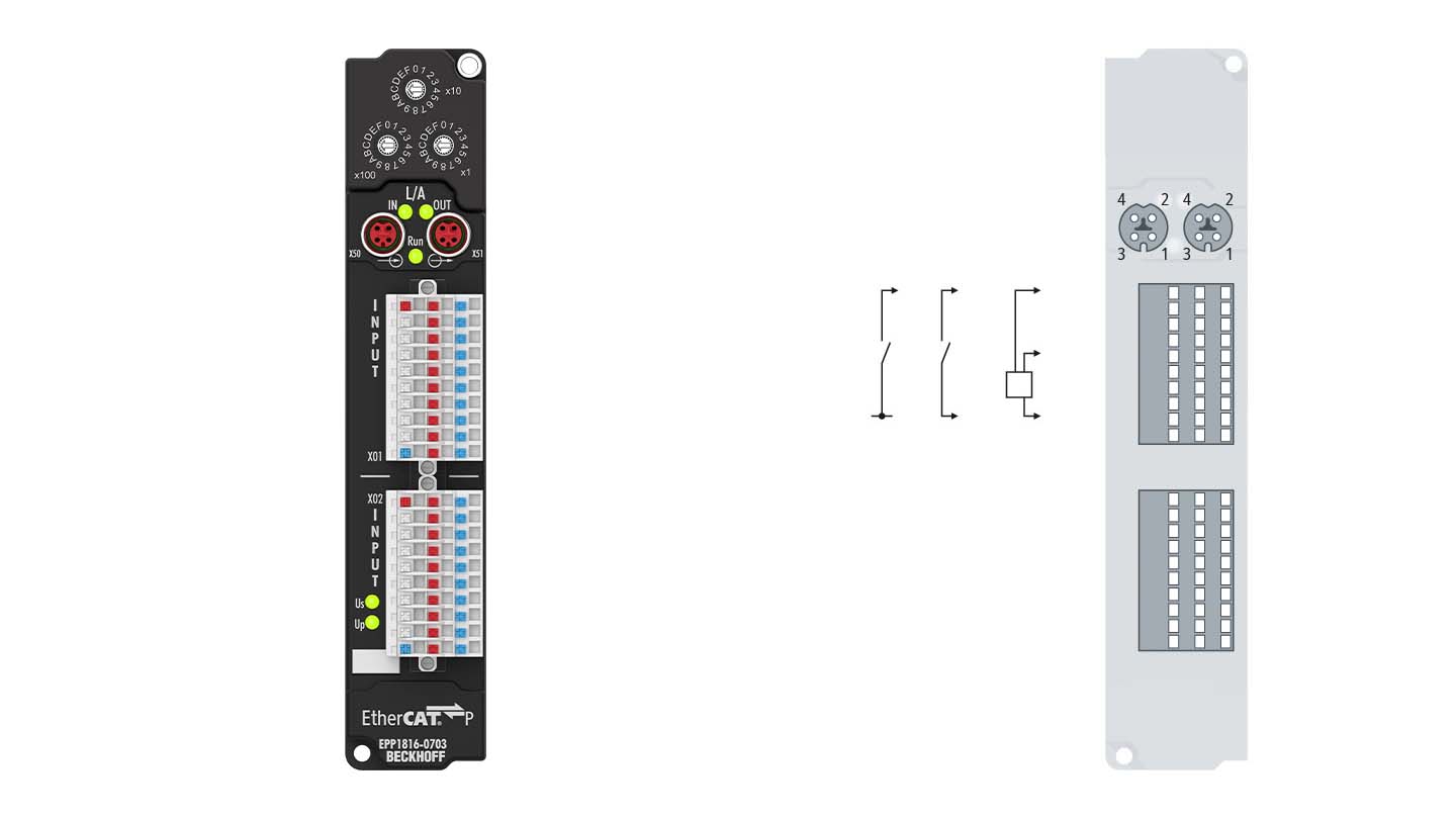 EPP1816-0703 | EtherCAT Box, 16-channel digital input, ID switch, 24 V DC, 10 µs, IP20 connector