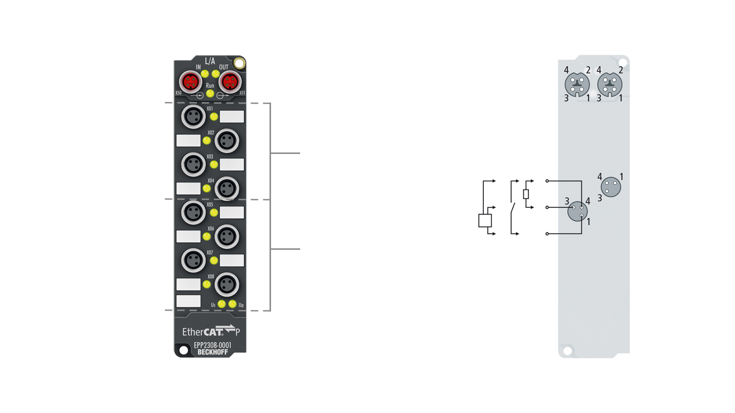 EPP2308-0001 | EtherCAT P-Box, 4-Kanal-Digital-Eingang + 4-Kanal-Digital-Ausgang, 24 V DC, 3 ms, 0,5 A, M8