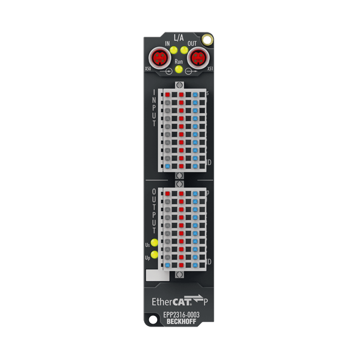 EPP2316-0003 | EtherCAT P-Box, 8-Kanal-Digital-Eingang + 8-Kanal-Digital-Ausgang, 24 V DC, 10 µs, 0,5 A, IP20-Stecker