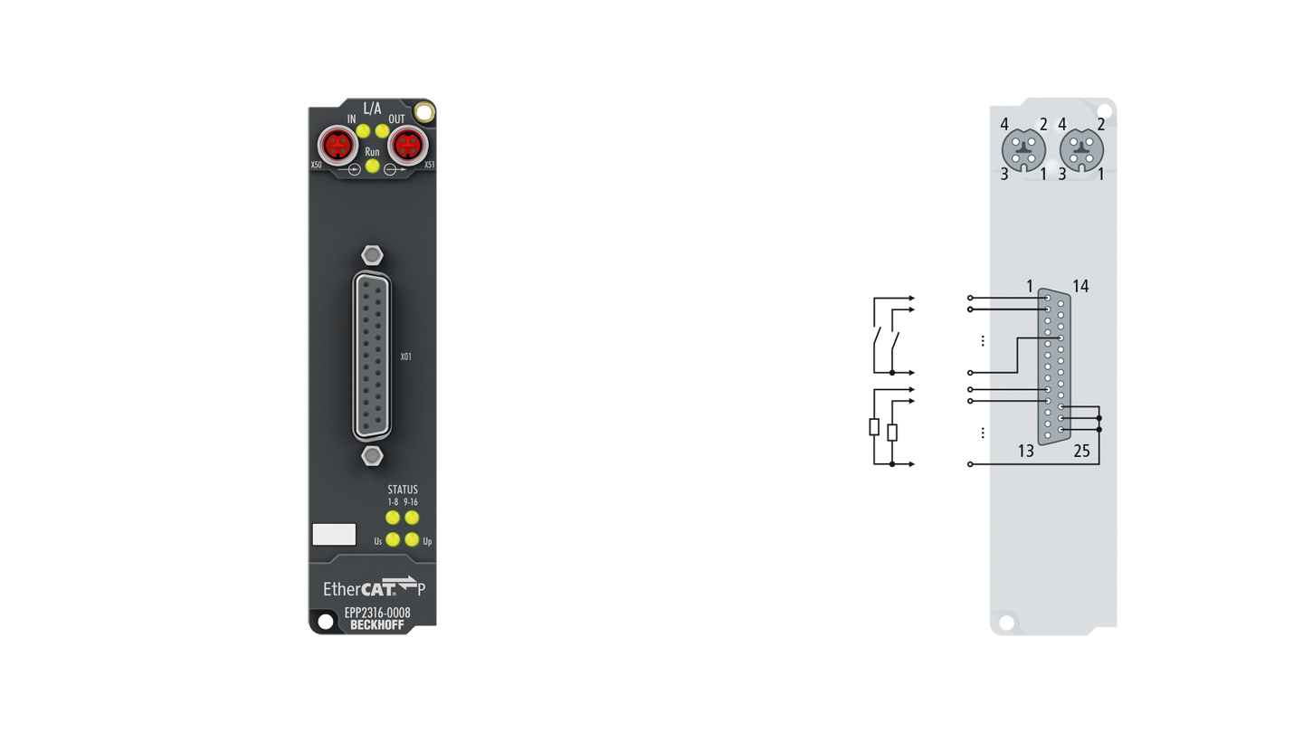 EPP2316-0008 | EtherCAT P-Box, 8-Kanal-Digital-Eingang + 8-Kanal-Digital-Ausgang, 24 V DC, 10 µs, 0,5 A, D-Sub
