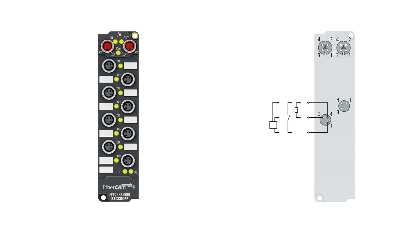EPP2338-0001 | EtherCAT P Box, 8-channel digital combi, 24 V DC, 10 µs, 0.5 A, M8