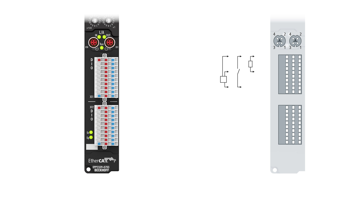 EPP2339-0703 | EtherCAT P Box, 16-channel digital combi, ID switch, 24 V DC, 3 ms, 0.5 A, IP20 connector