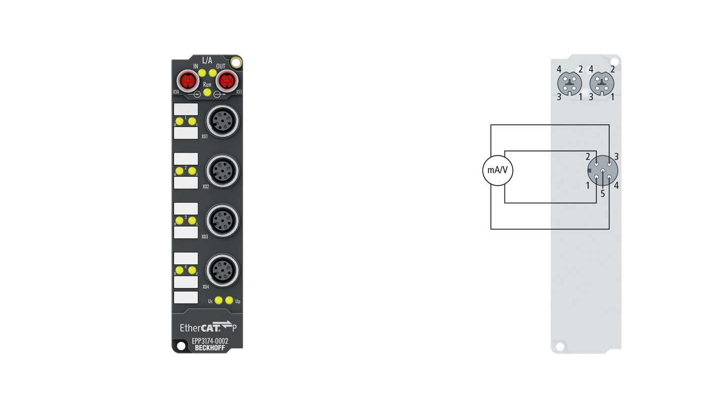 EPP3174-0002 | EtherCAT P-Box, 4-Kanal-Analog-Eingang, Multifunktion, ±10 V, 0/4…20 mA, 16 Bit, differentiell, M12