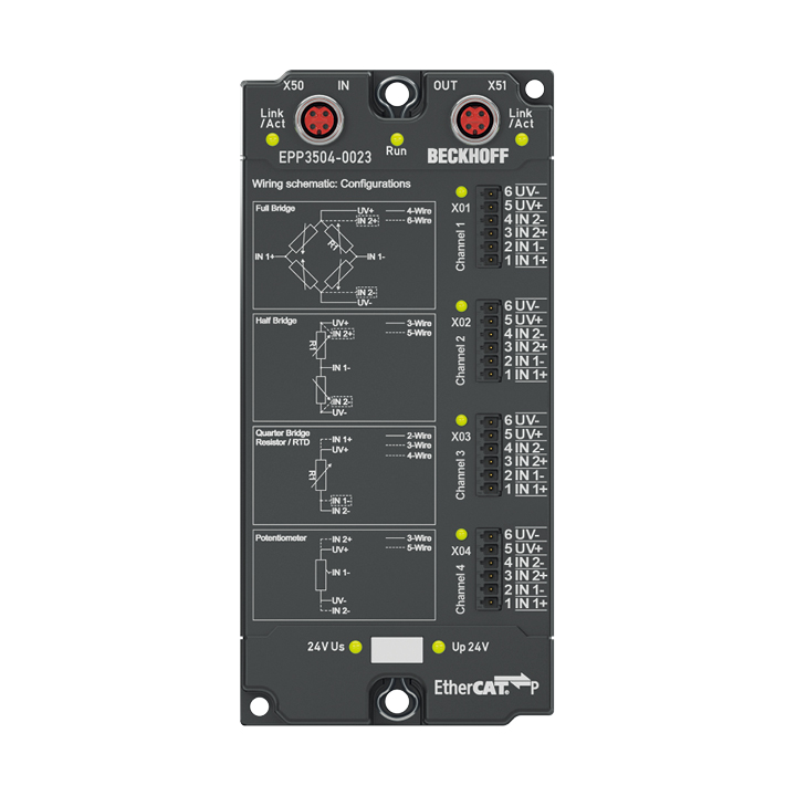 EPP3504-0023 | EtherCAT P Box, 4-channel analog input, measuring bridge, full/half/quarter bridge, 24 bit, 10 ksps, IP20 connector