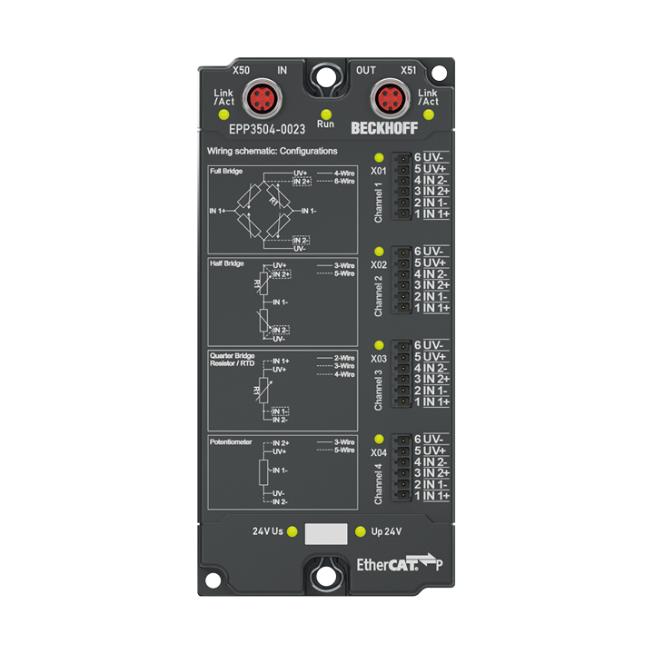 EPP3504-0023 | EtherCAT P Box, 4-channel analog input, measuring bridge, full/half/quarter bridge, 24 bit, 10 ksps, IP20 connector