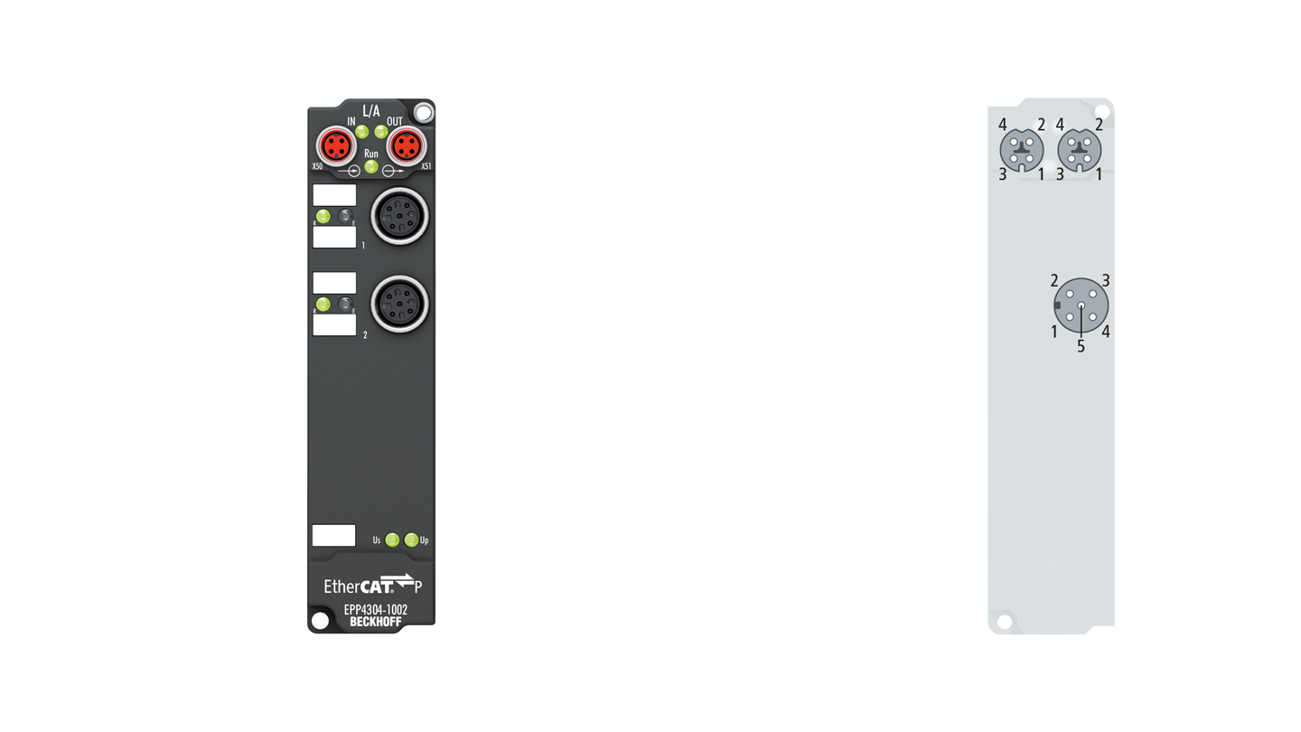 EPP4304-1002 | EtherCAT P Box, 2-channel analog input + 2-channel analog output, voltage, ±10 V, 16 bit, single-ended, M12, 2 x digital input 24 V DC