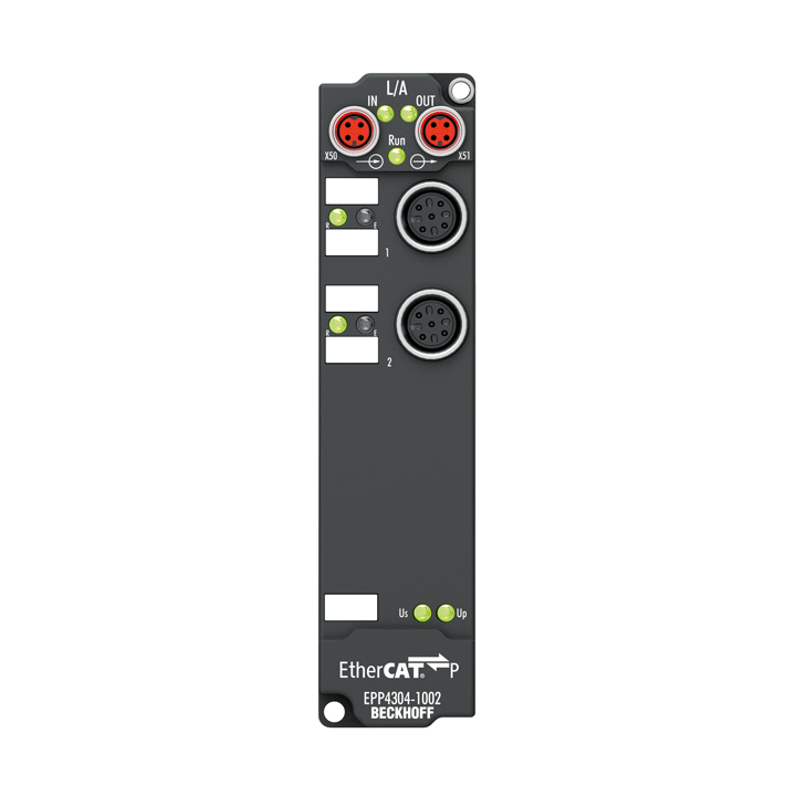 EPP4304-1002 | EtherCAT P-Box, 2-Kanal-Analog-Eingang + 2-Kanal-Analog-Ausgang, Spannung, ±10 V, 16 Bit, single-ended, M12, 2 x Digital-Eingang 24 V DC