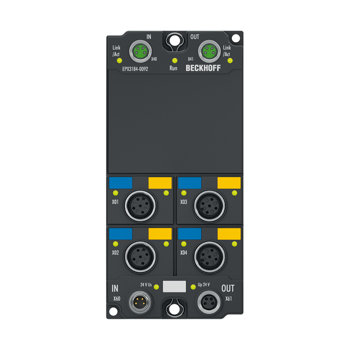 EPX3184-0092 | EtherCAT Box, 4-Kanal-Analog-Eingang, Strom, 4…20 mA, 16 Bit, single-ended, M12, HART, Ex i, TwinSAFE SC