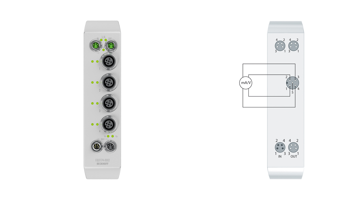 EQ3174-0002 | EtherCAT Box, 4-channel analog input, multi-function, ±10 V, 0/4…20 mA, 16 bit, differential, M12, stainless steel