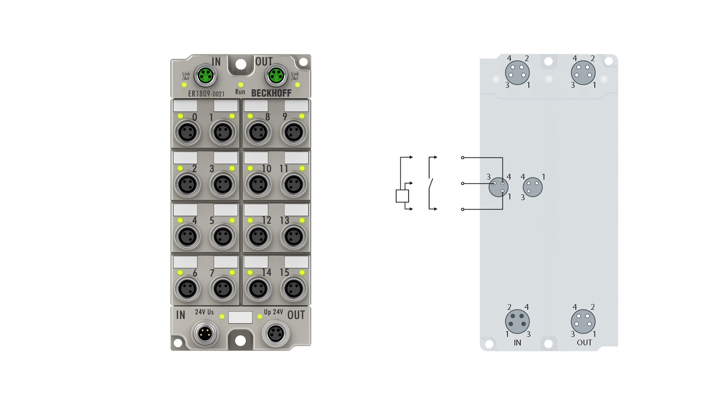 ER1809-0021 | EtherCAT Box, 16-channel digital input, 24 V DC, 3 ms, M8, zinc die-cast