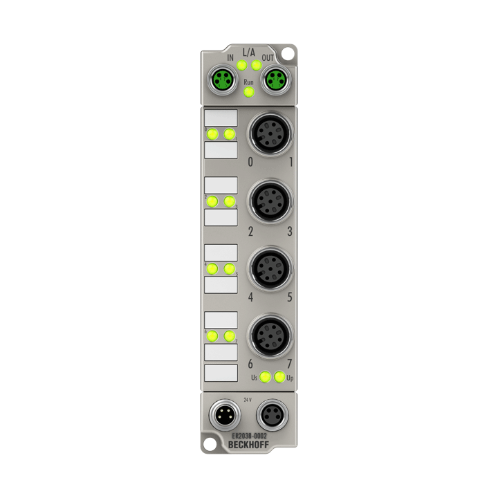 ER2038-0002 | EtherCAT Box, 8-channel digital output, 24 V DC, 2 A, M12, with diagnostics, zinc die-cast
