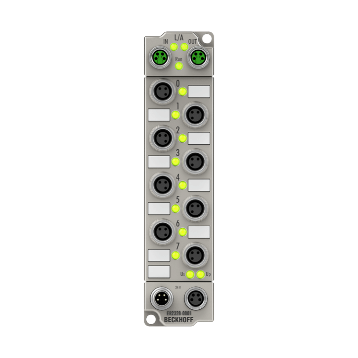 ER2328-0001 | EtherCAT Box, 4-Kanal-Digital-Eingang + 4-Kanal-Digital-Ausgang, 24 V DC, 3 ms, 2 A, M8, Zinkdruckguss