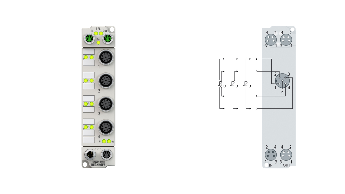 ER3204-0002 | EtherCAT Box, 4-Kanal-Analog-Eingang, Temperatur, RTD (Pt100), 16 Bit, M12, Zinkdruckguss