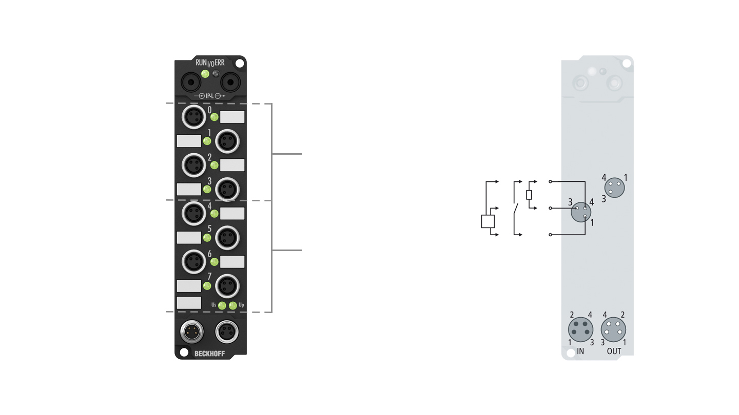 IE2311 | Extension Box, 4-channel digital input + 4-channel digital output, 24 V DC, 0.2 ms, 0.5 A, M8