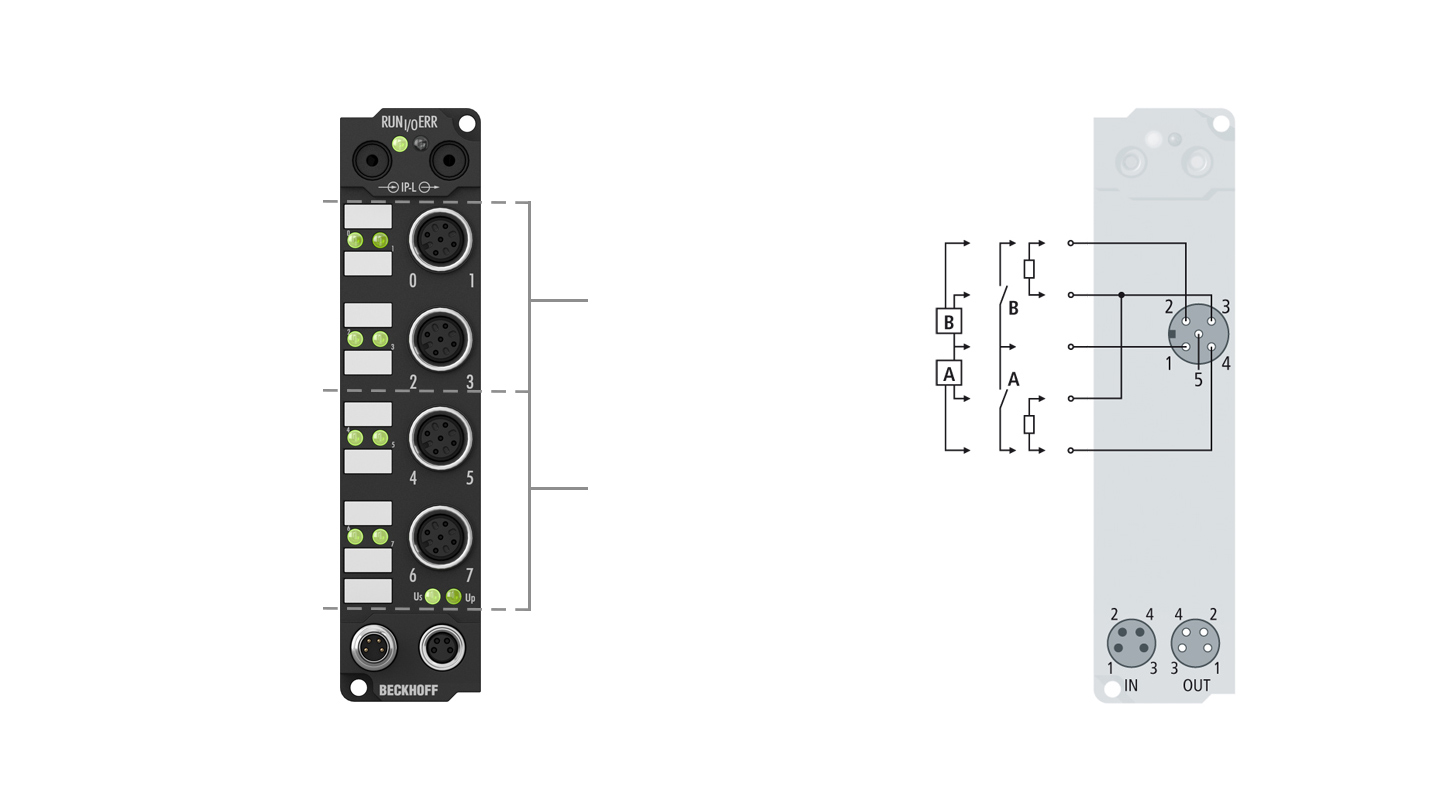 IE2322 | Erweiterungs-Box, 4-Kanal-Digital-Eingang + 4-Kanal-Digital-Ausgang, 24 V DC, 3 ms, 2 A, M12