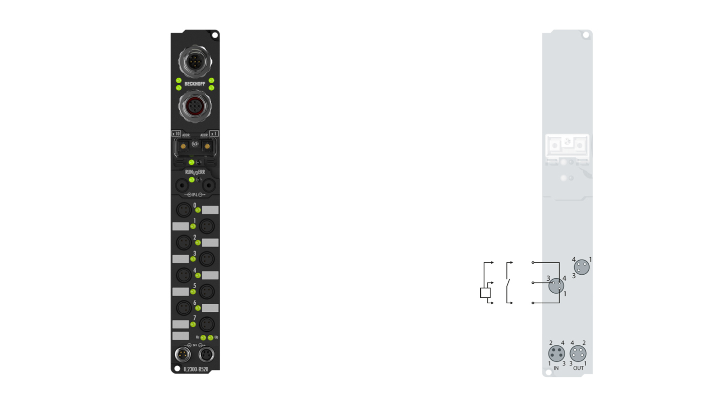 IL2300-B528 | Koppler Box, 4-Kanal-Digital-Eingang + 4-Kanal-Digital-Ausgang, DeviceNet, 24 V DC, 3 ms, 0,5 A, Ø8, integriertes T-Stück