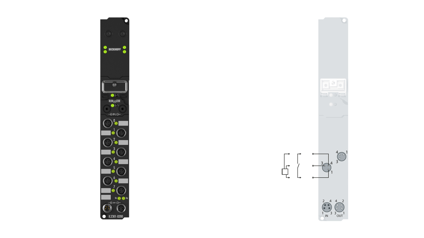 IL2301-B200 | Koppler Box, 4-Kanal-Digital-Eingang + 4-Kanal-Digital-Ausgang, Lightbus, 24 V DC, 3 ms, 0,5 A, M8