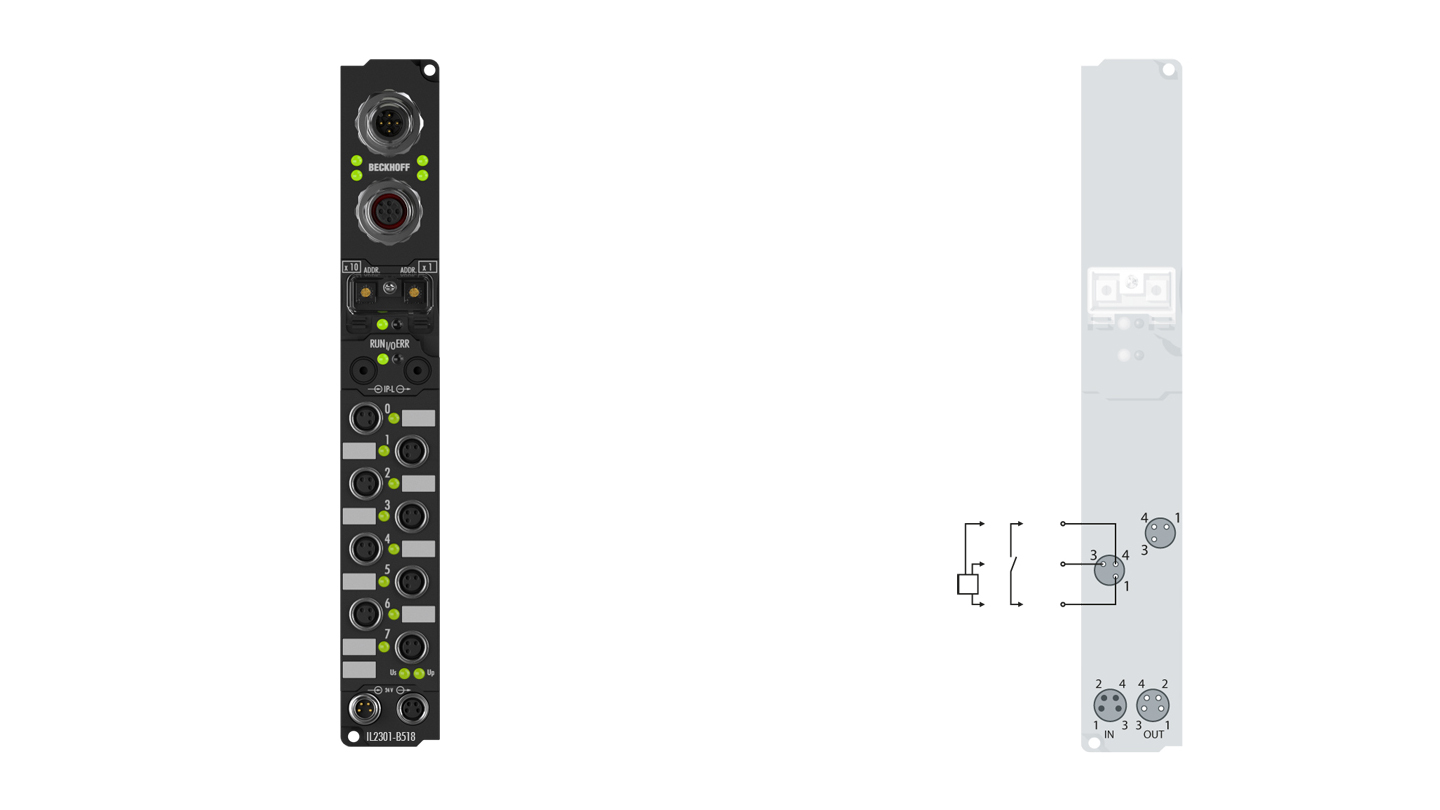 IL2301-B518 | Koppler Box, 4-Kanal-Digital-Eingang + 4-Kanal-Digital-Ausgang, CANopen, 24 V DC, 3 ms, 0,5 A, M8, integriertes T-Stück