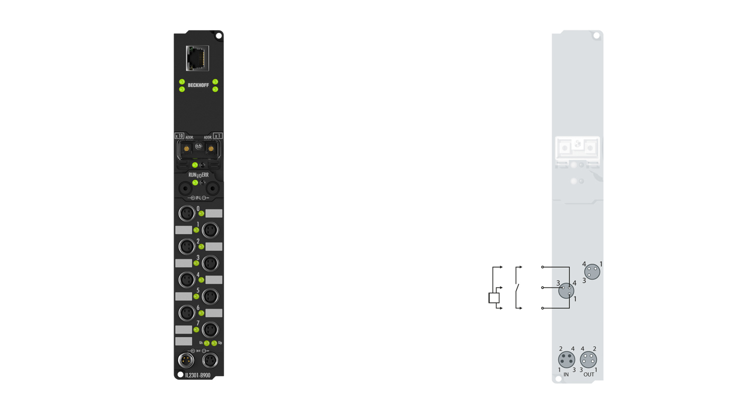 IL2301-B900 | Koppler Box, 4-Kanal-Digital-Eingang + 4-Kanal-Digital-Ausgang, Ethernet, 24 V DC, 3 ms, 0,5 A, M8