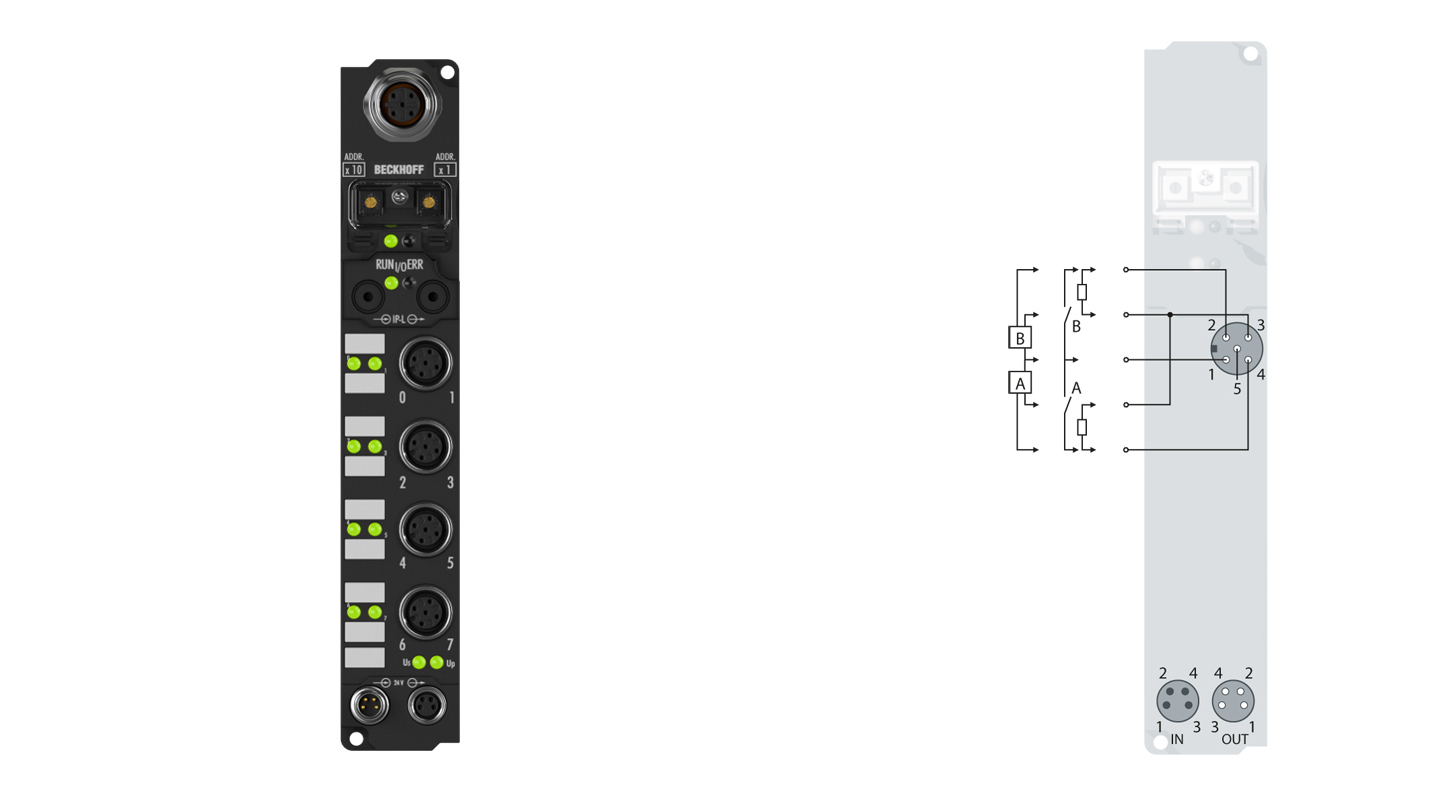 IL2302-B800 | Koppler Box, 4-Kanal-Digital-Eingang + 4-Kanal-Digital-Ausgang, RS485, 24 V DC, 3 ms, 0,5 A, M12