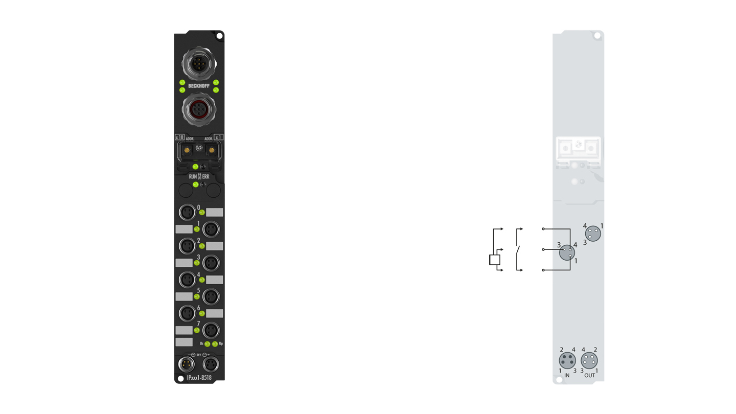 IP1001-B518 | Fieldbus Box, 8-channel digital input, CANopen, 24 V DC, 3 ms, M8, integrated T-connector