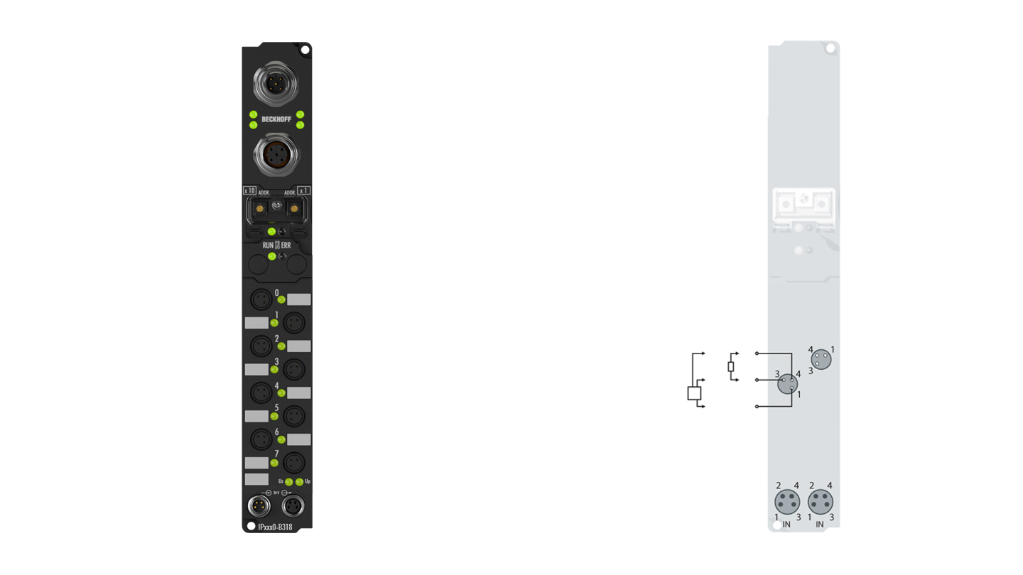 IP2040-B318 | Fieldbus Box, 8-channel digital output, PROFIBUS, 24 V DC, 2 A (∑ 12 A), Ø8, integrated T-connector