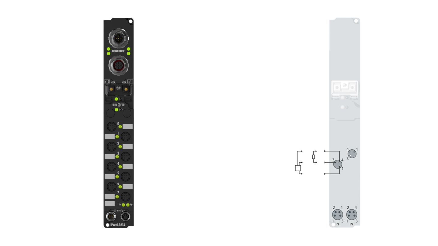 IP2040-B518 | Fieldbus Box, 8-channel digital output, CANopen, 24 V DC, 2 A (∑ 12 A), Ø8, integrated T-connector
